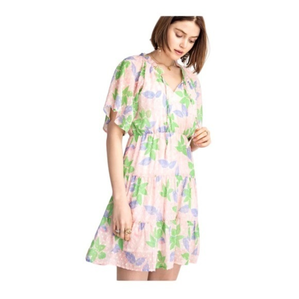 HEYSON Women’s Large Floral Swiss Dot Tiered Mini Dress Flowers‎ Leaves